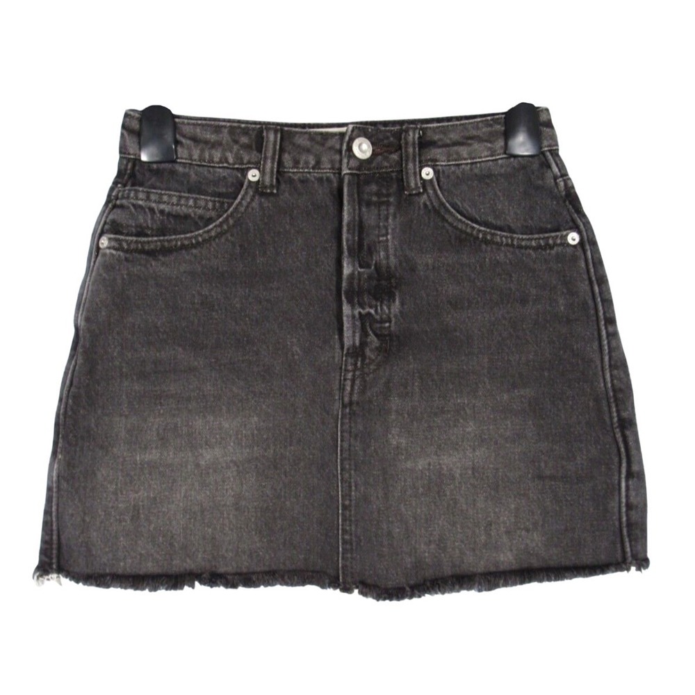FREE PEOPLE Rugged A-Line BLACK Cotton Denim BUTTON-FLY Frayed MINI SKIRT Sz 24